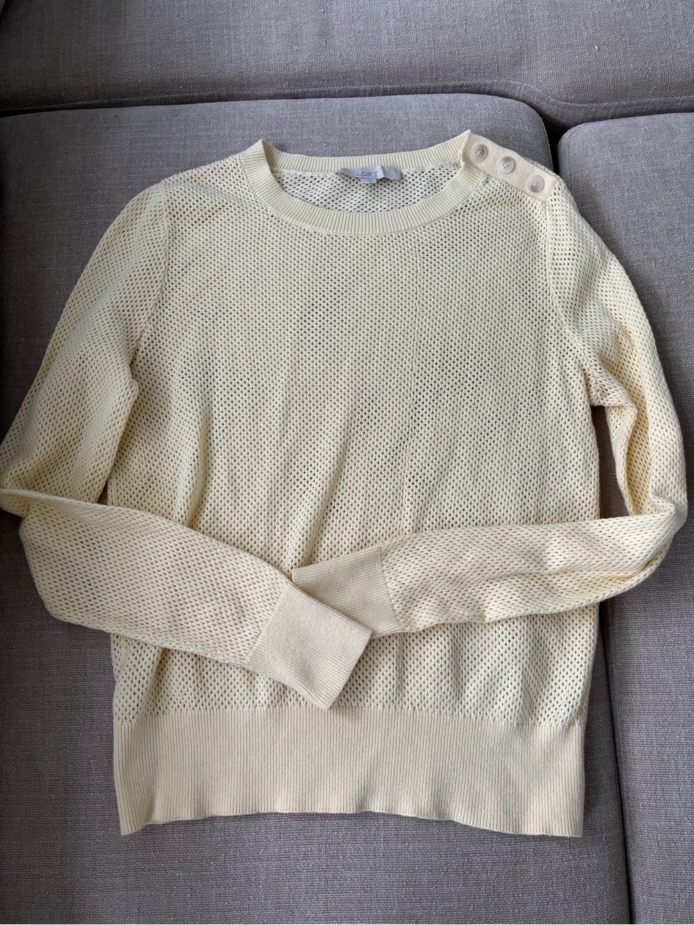 LOFT Pale Yellow Open-Weave Button-Shoulder Sweater